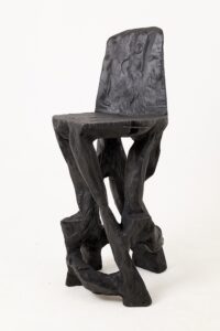 Sculptural Bar Chair, High Stool, Solid Wood, Carved, Black, Rustic, Logniture, main view