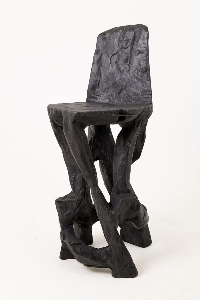 Sculptural Bar Chair, High Stool, Solid Wood, Carved, Black, Rustic, Logniture