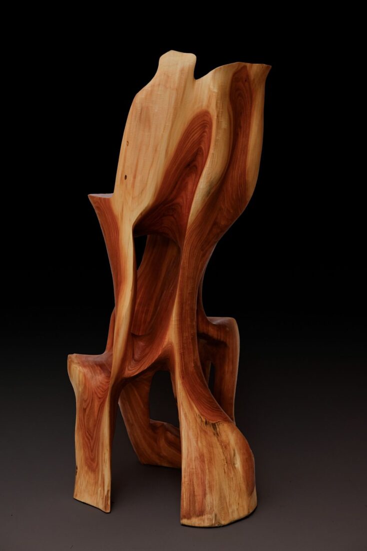 Makha, Flowing High-Back Bar Chair – Carved Sculpture in Natural Hardwood, main view