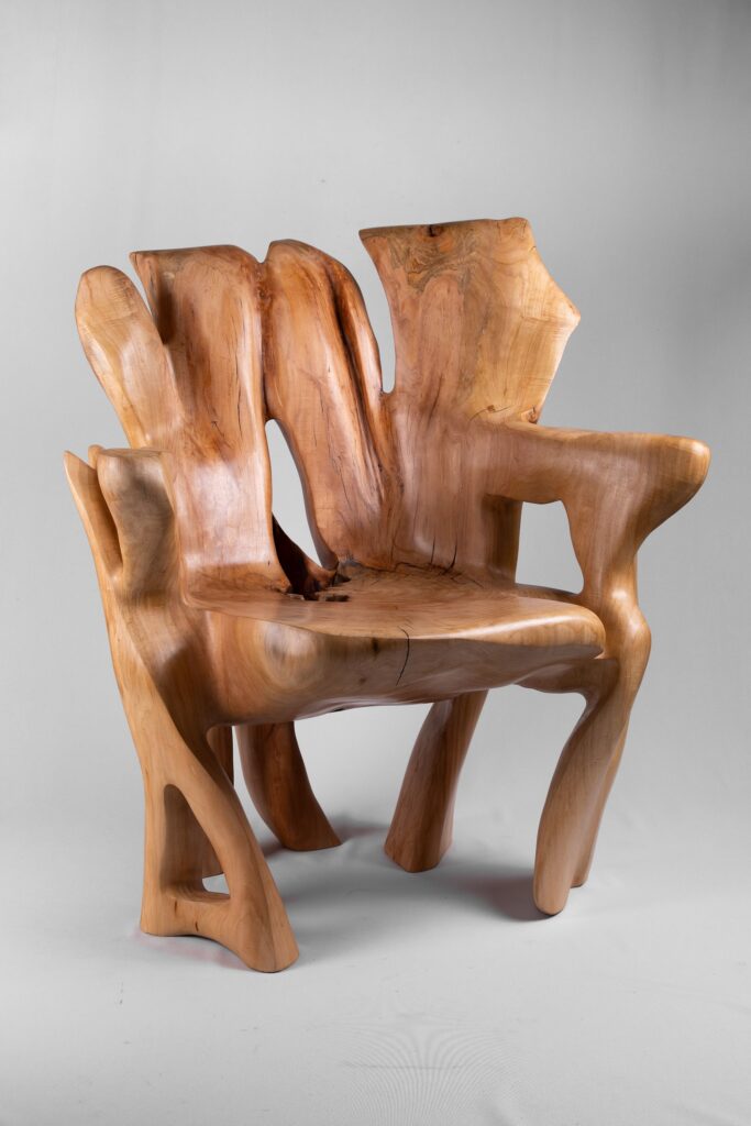 Veles, Chainsaw-Carved Sculptural Chair – Flowing Form in Solid Wood
