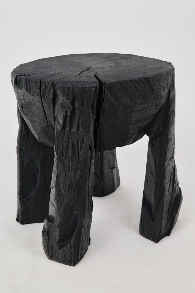 Sculptural Side Table, Rustic, Burnt Black Wood, Carved, Handmade, Logniture