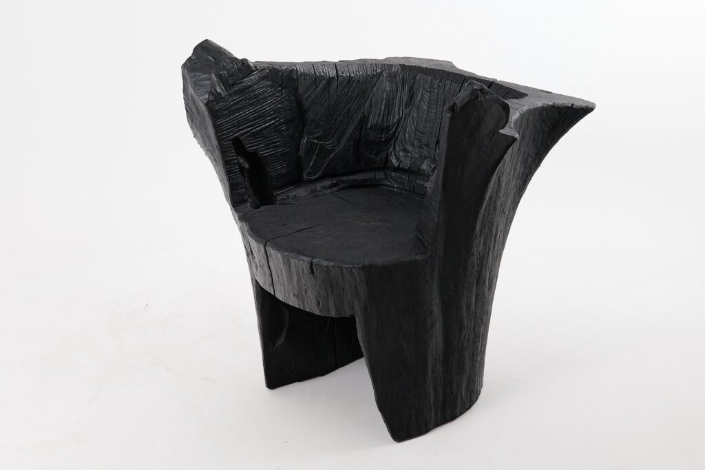 Brutalist Sculptural Armchair, Solid Burnt Oak Wood, Organic, Logniture