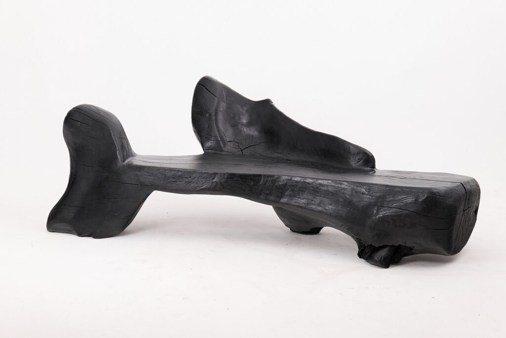 XXL Sculptural Charred Wood Bench in Organic Form, Hand-Carved from Solid Log