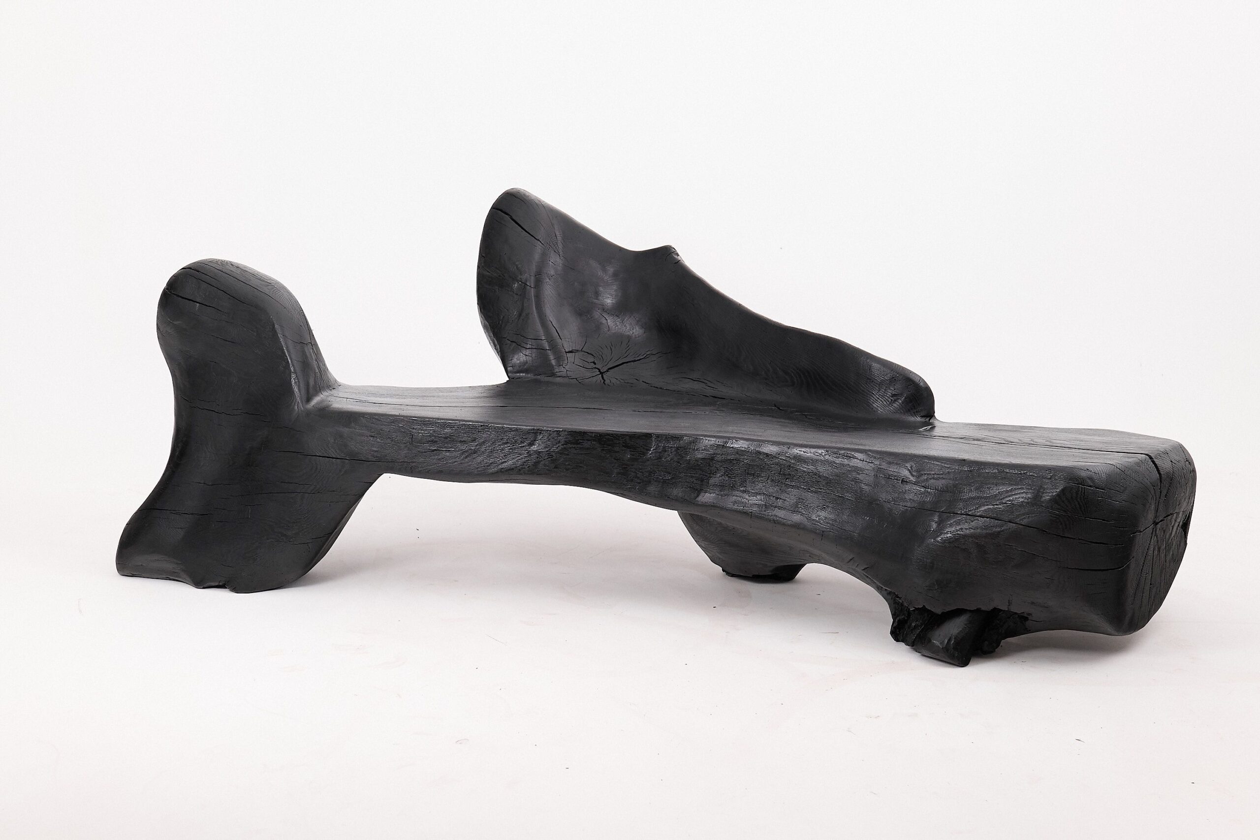 XXL Sculptural Charred Wood Bench in Organic Form, Hand-Carved from Solid Log