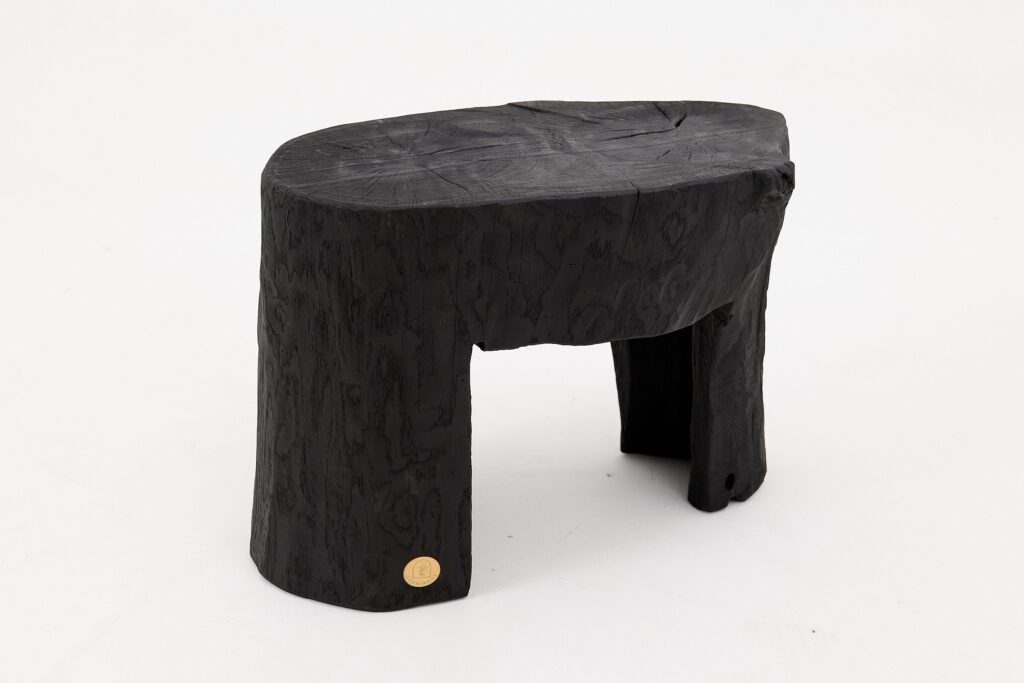 Rustic Sculptural Side Table, Burnt Black Wood, Carved, Unique, Logniture