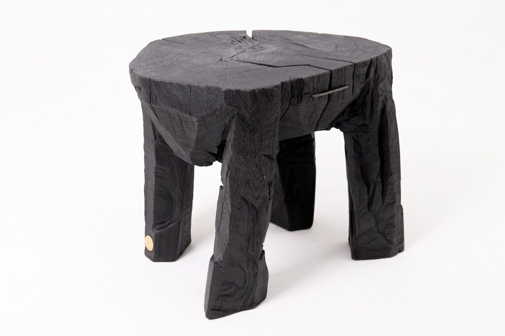 Sculptural Side Table, Rustic, Burnt Black Wood, Carved, Handmade