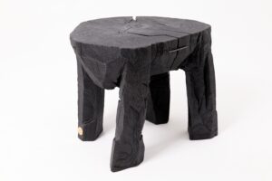 Sculptural Side Table, Rustic, Burnt Black Wood, Carved, Handmade, main view