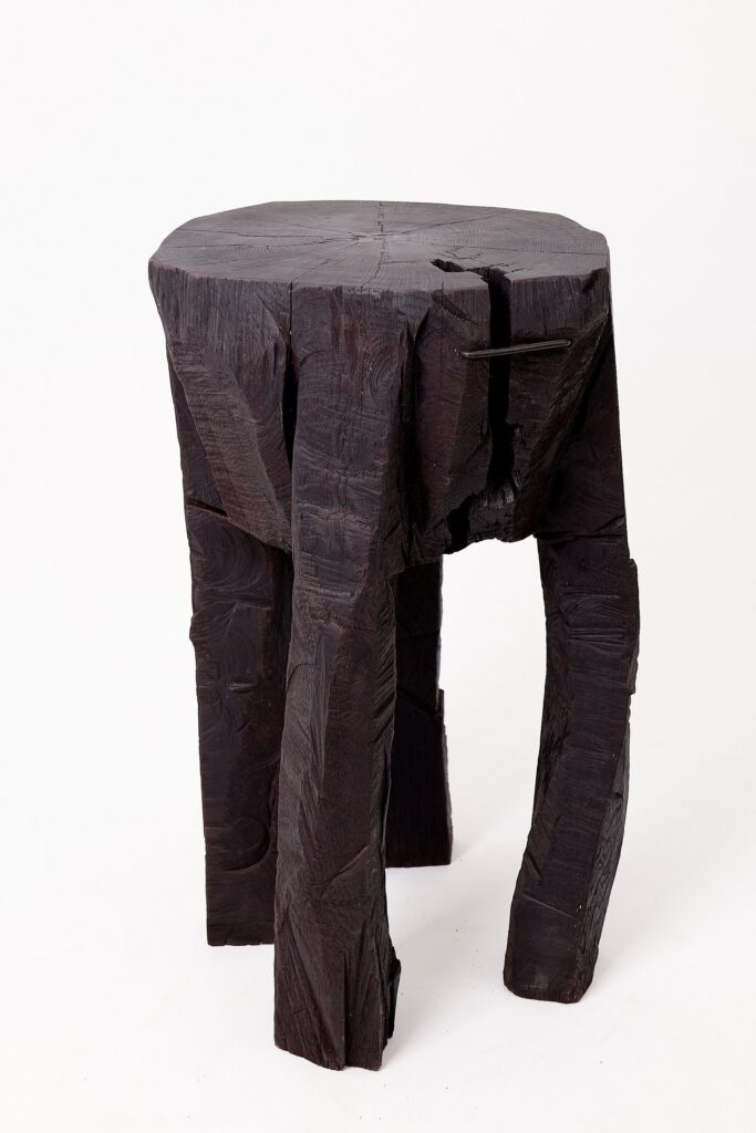 Sculptural Side Table, Rustic, Burnt Black Wood, Carved, Handmade