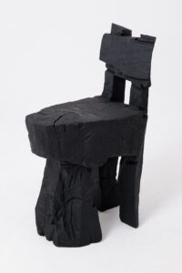 Brutalist Sculptural Stool, Carved, Solid Wood, Oak, Black, Rustic, main view