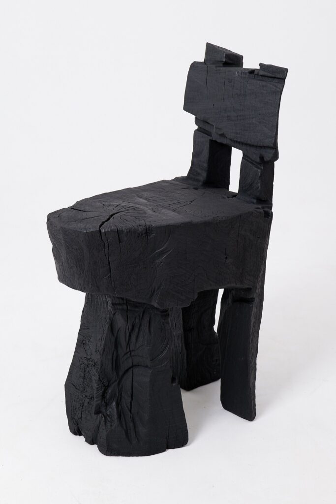 Brutalist Sculptural Stool, Carved, Solid Wood, Oak, Black, Rustic