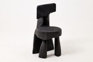 Brutalist Sculptural Chair, Carved, Solid Wood, Oak, Black, Rustic, main view