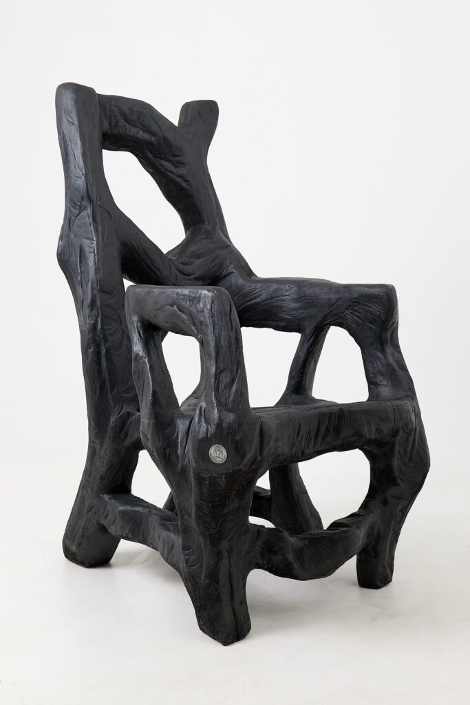 Brutalist Sculptural Armchair, Solid Burnt Oak Wood, Organic
