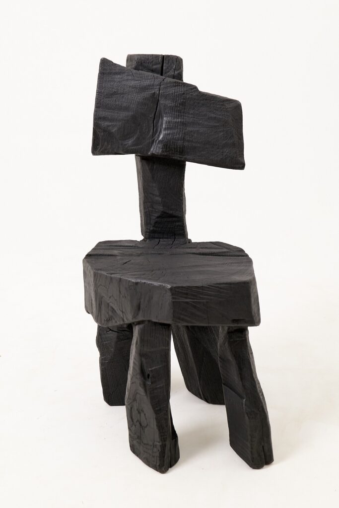 Brutalist Sculptural Chair, Carved, Solid Wood, Oak, Black, Rustic, Logniture