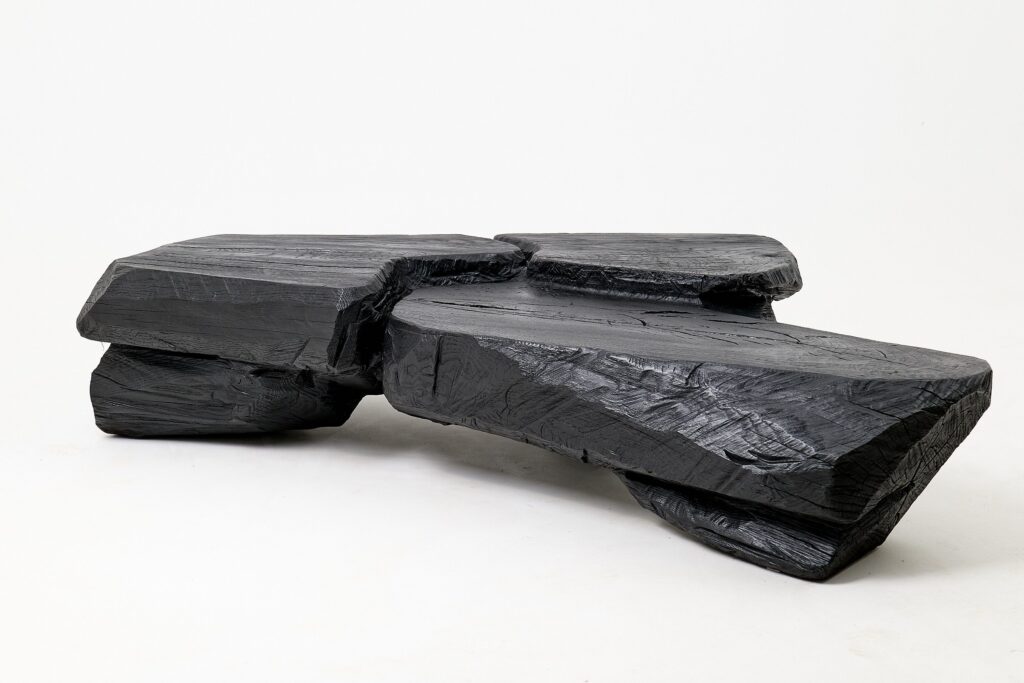 Sculptural Coffee Table, Rustic, Burnt Black Wood, Carved, Handmade