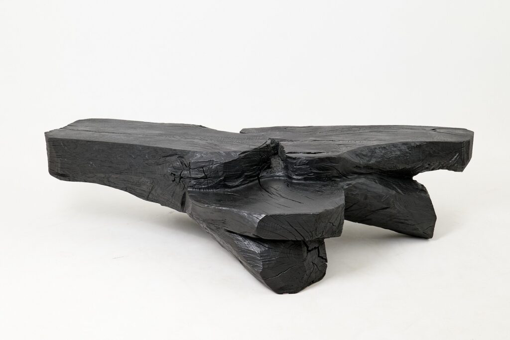 Sculptural Coffee Table, Rustic, Burnt Black Wood, Carved, Handmade