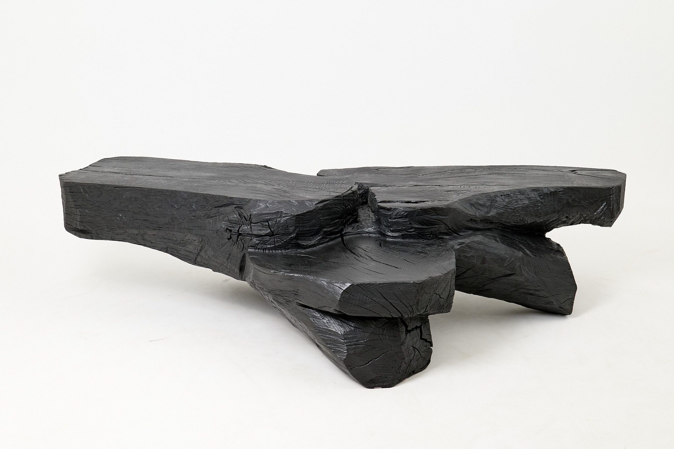 Sculptural Coffee Table, Rustic, Burnt Black Wood, Carved, Handmade