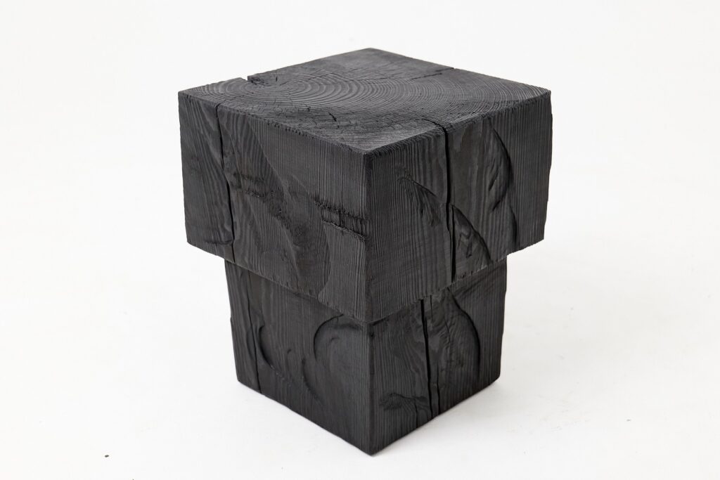 Sculptural Hardwood Side Table, Stool, Charred Wood, Hand-Carved