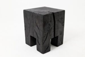 Sculptural Hardwood Side Table, Stool, Charred Wood, Hand-Carved, main view