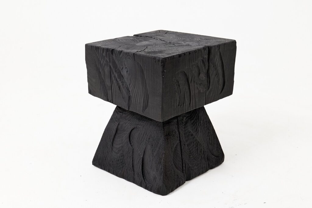 Sculptural Hardwood Side Table, Stool, Charred Wood, Hand-Carved