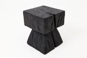 Sculptural Hardwood Side Table, Stool, Charred Wood, Hand-Carved, gallery view 2