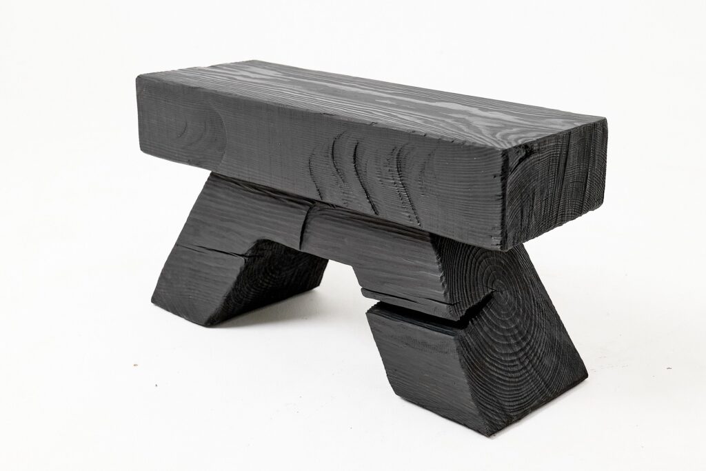 Sculptural Hardwood Stool, Side Table, Charred Wood, Hand-Carved, Logniture