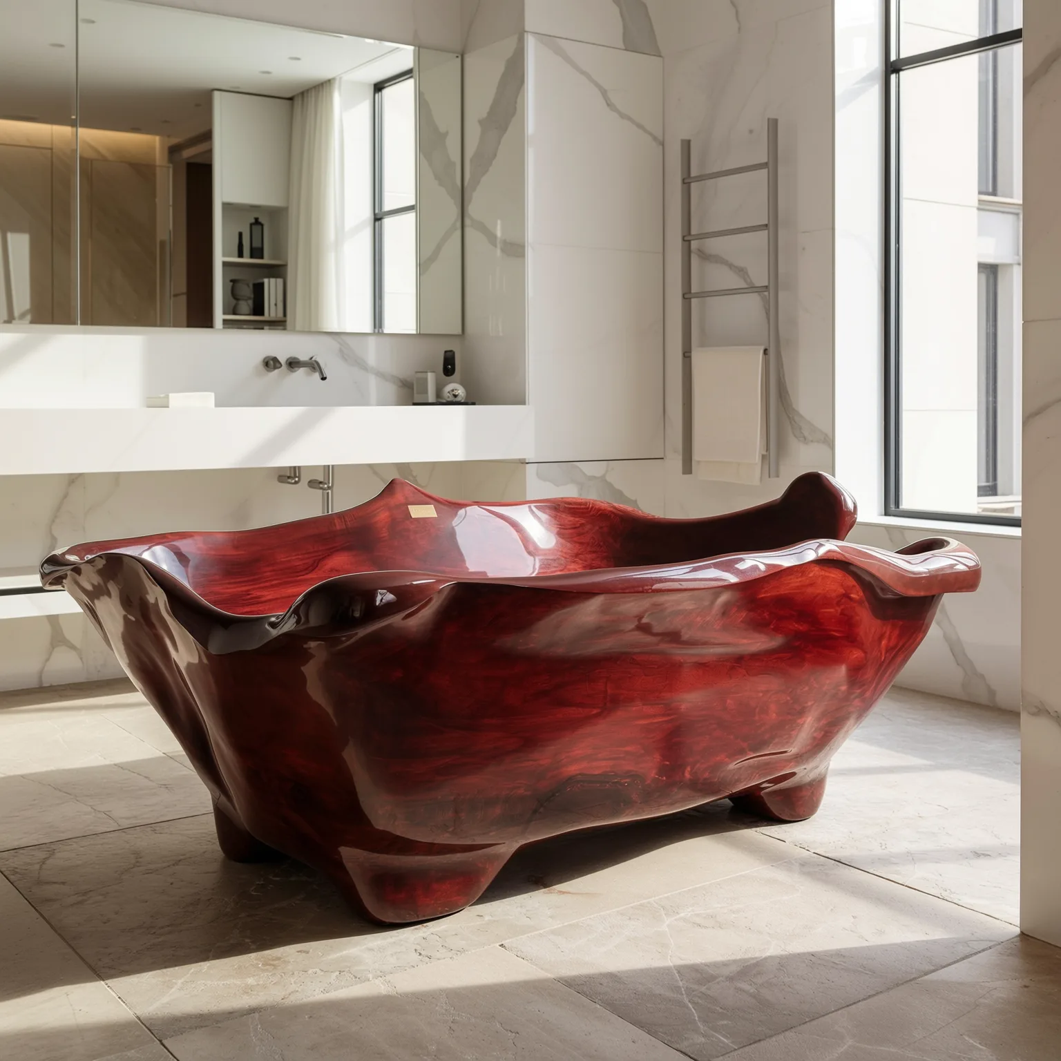 Solid wood bathtub in a modern marble bathroom interior, deep red freeform tub beside a floating vanity.