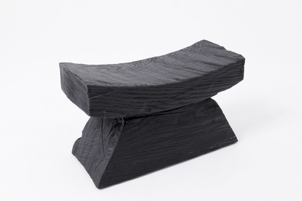 Brutalist Sculptural stool, burnt wood, oak, Logniture